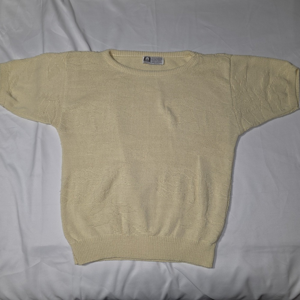 Vintage 90s Cotton Mill Sweater Womens M Yellow Textured Knit Made in USA...